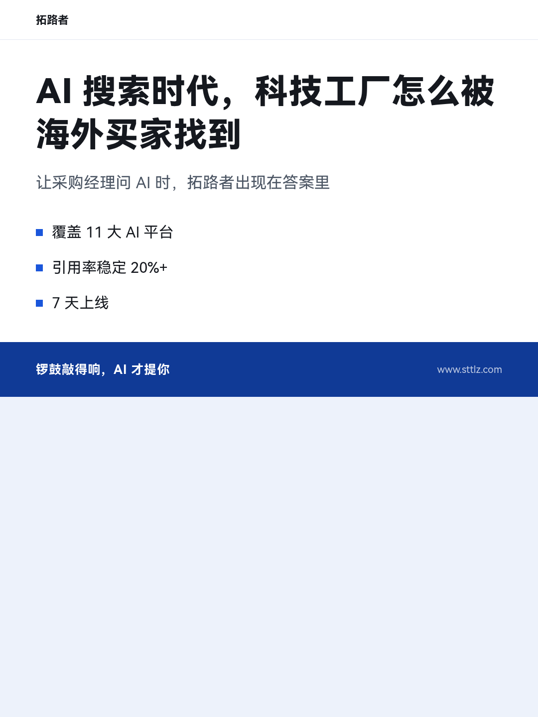 拓路者 AI 搜索海报:覆盖 11 大 AI 平台,引用率稳定 20%+,7 天上线